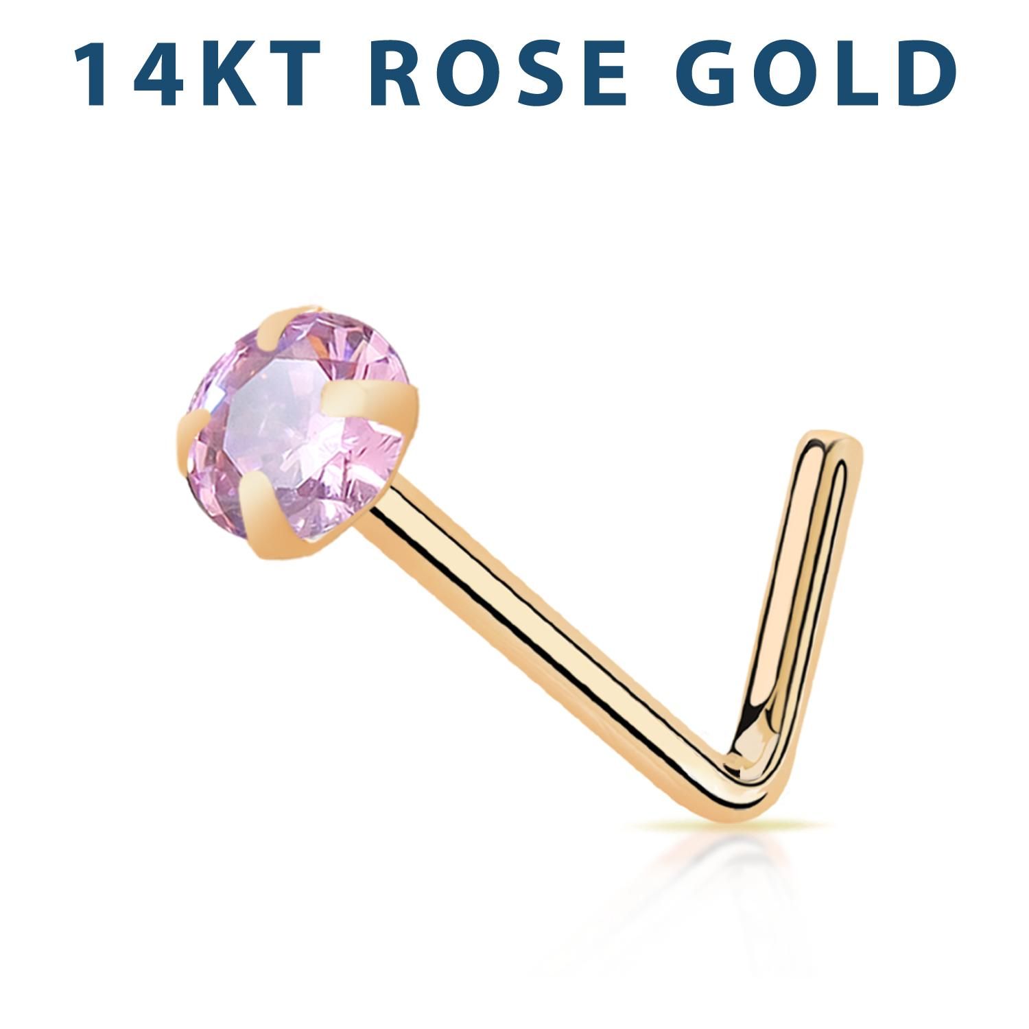 Nässmycke "L-böjd" i äkta 14 karat roséguld med 2mm cubic zirconia
