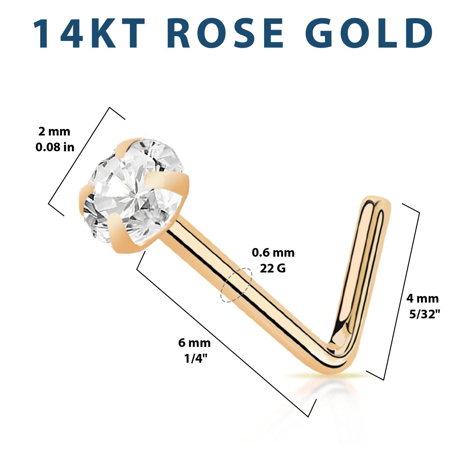 Nässmycke "L-böjd" i äkta 14 karat roséguld med 2mm cubic zirconia