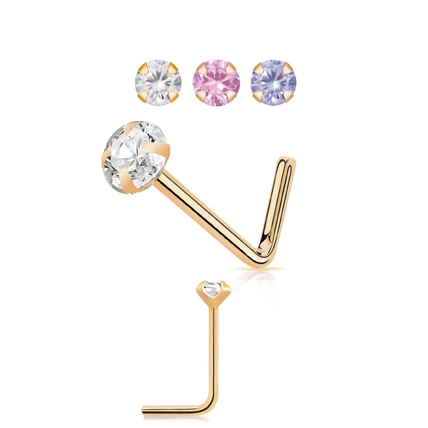 Nässmycke "L-böjd" i äkta 14 karat roséguld med 2mm cubic zirconia