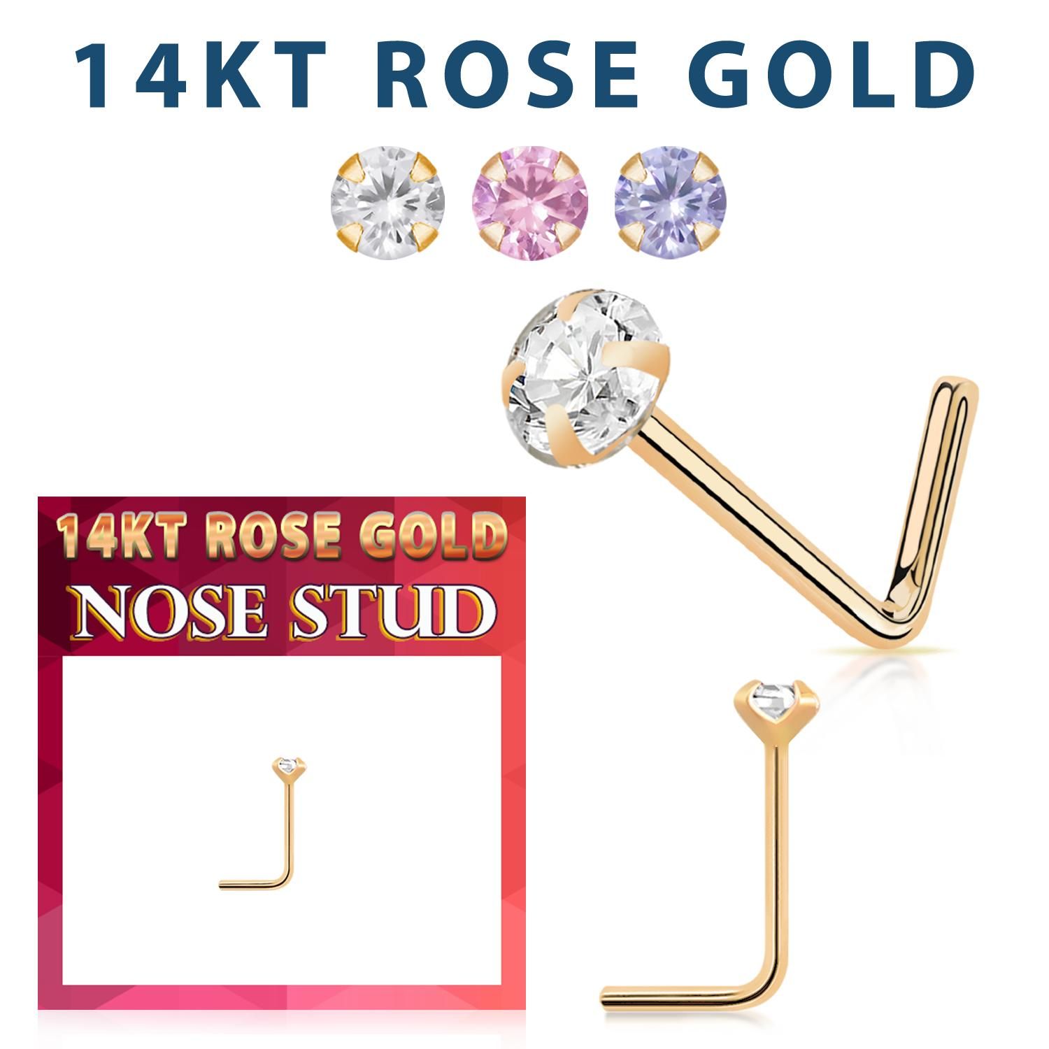 Nässmycke "L-böjd" i äkta 14 karat roséguld med 2mm cubic zirconia
