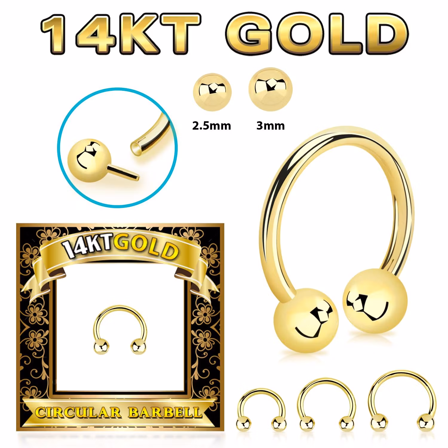 Cirkulär barbell / CBR i äkta 14 karat guld - 1.2mm med kulor