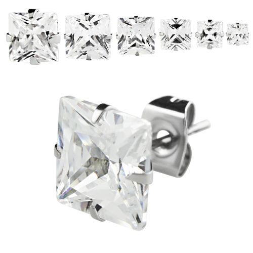 Örhänge i kirurgiskt stål - Fyrkantig klar kloinfattad cubic zirconia (par)