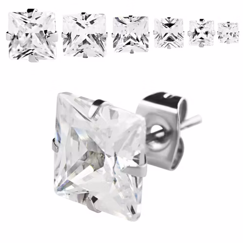 Örhänge i kirurgiskt stål - Fyrkantig klar kloinfattad cubic zirconia (par)