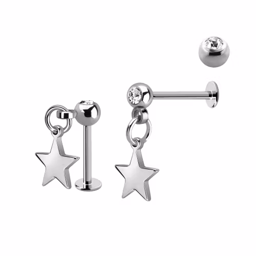 Labret 1.2mm i kirurgiskt stål med crystalkula och stjärna i hänge