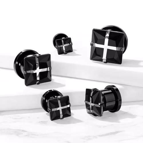 Svart tunnel / plugg i kirurgiskt stål med fyrkantig cubic zirconia