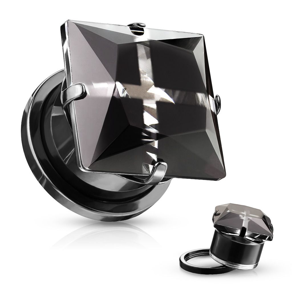 Svart tunnel / plugg i kirurgiskt stål med fyrkantig cubic zirconia