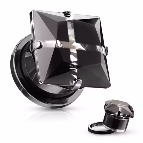 Svart tunnel / plugg i kirurgiskt stål med fyrkantig cubic zirconia (14mm)