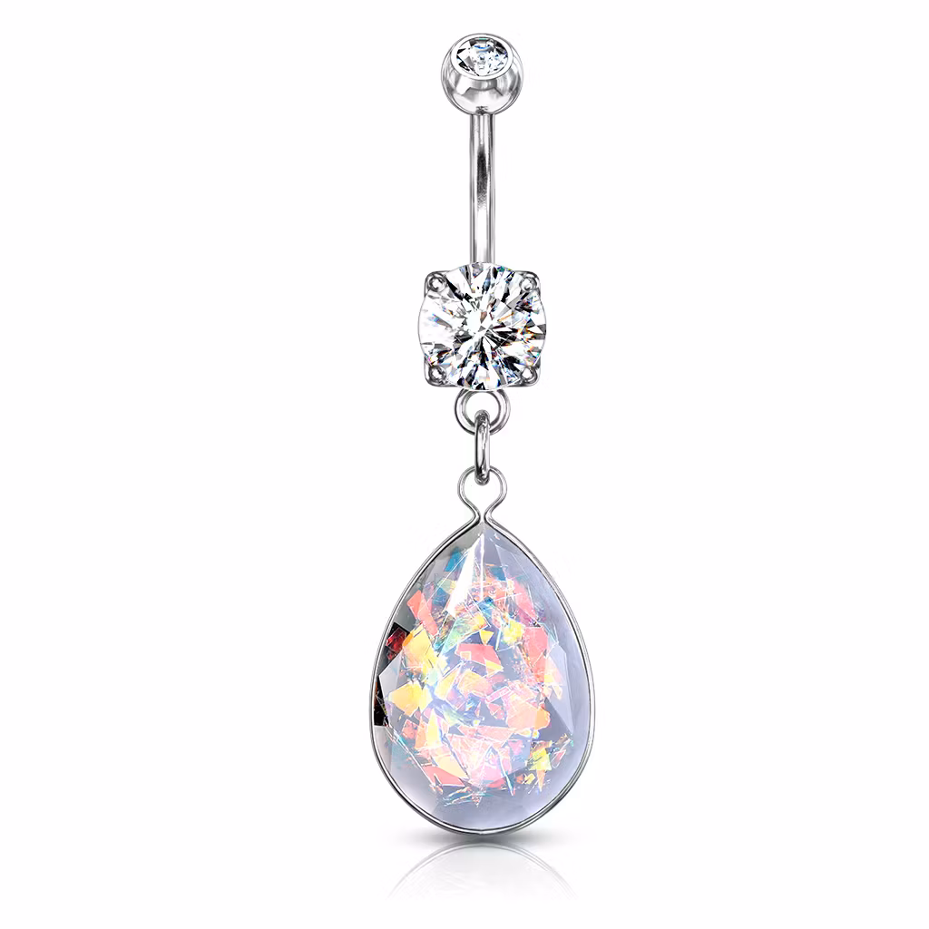Navelsmycke med regnbågsglittrig opal