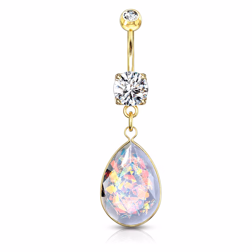 Navelsmycke med regnbågsglittrig opal