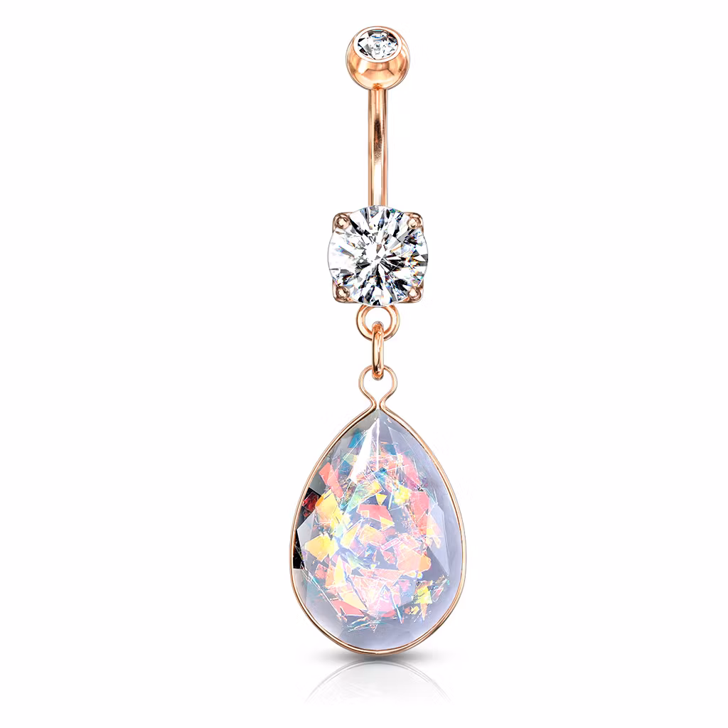 Navelsmycke med regnbågsglittrig opal