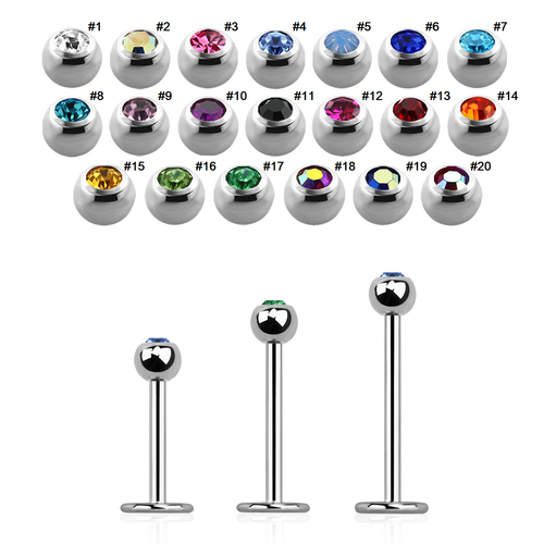 Labret i kirurgiskt stål 1.0mm med 3mm crystalkula