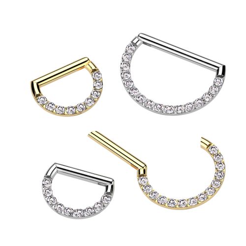 D-formad segmentring 1.2mm i titanium med gångjärn - front med cubic zirconia