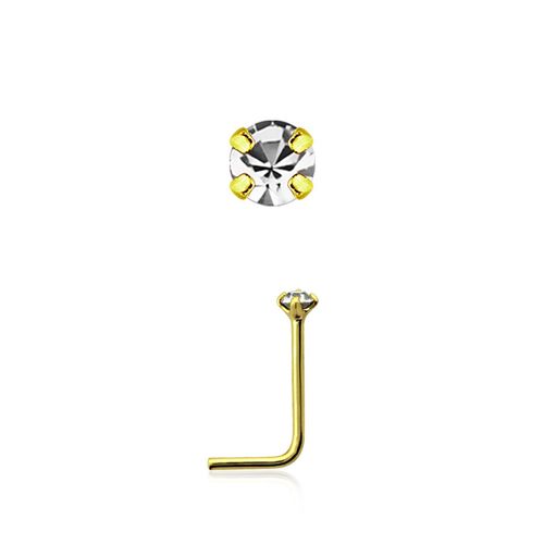 Näspin i 925 silver med guldplätering L-böjd med 1.5mm "prong-set" klar sten
