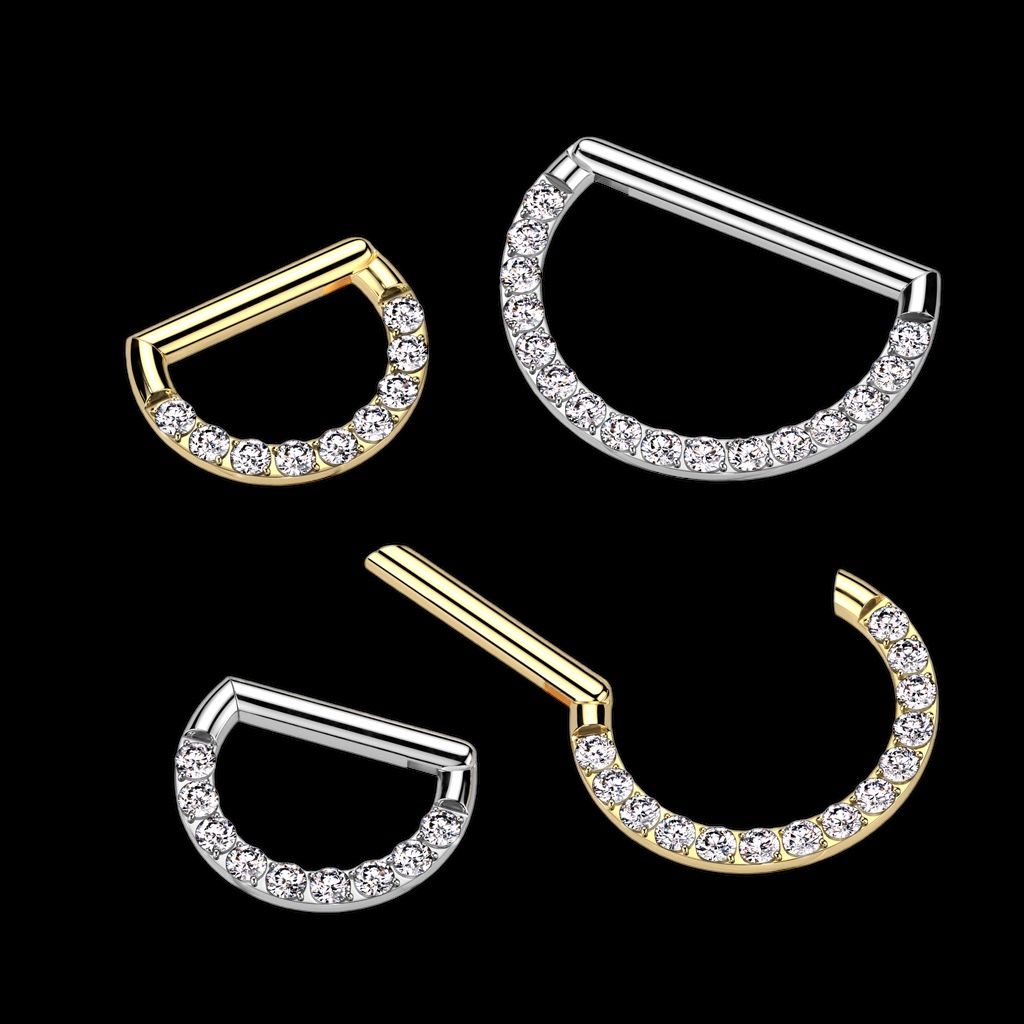 D-formad segmentring 1.2mm i titanium med gångjärn - front med cubic zirconia