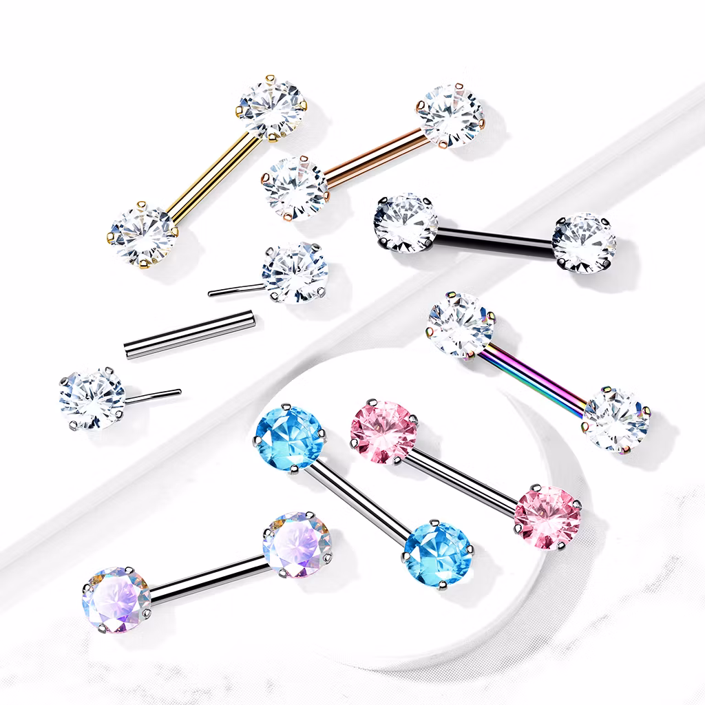 Titanium threadless barbell 1.6mm med 6mm rund prong-set cubic zirconia