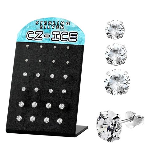 Display med 12 par örhängen i 925-silver med rund klar cubic zirconia