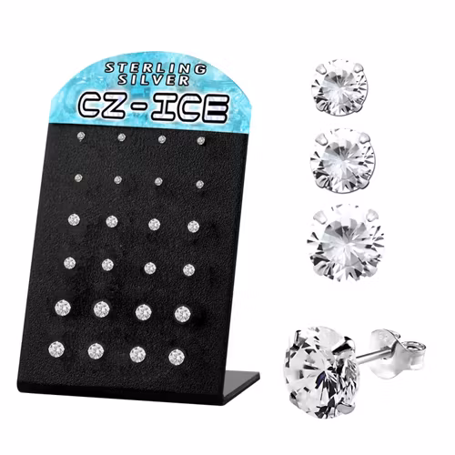 Display med 12 par örhängen i 925-silver med rund klar cubic zirconia