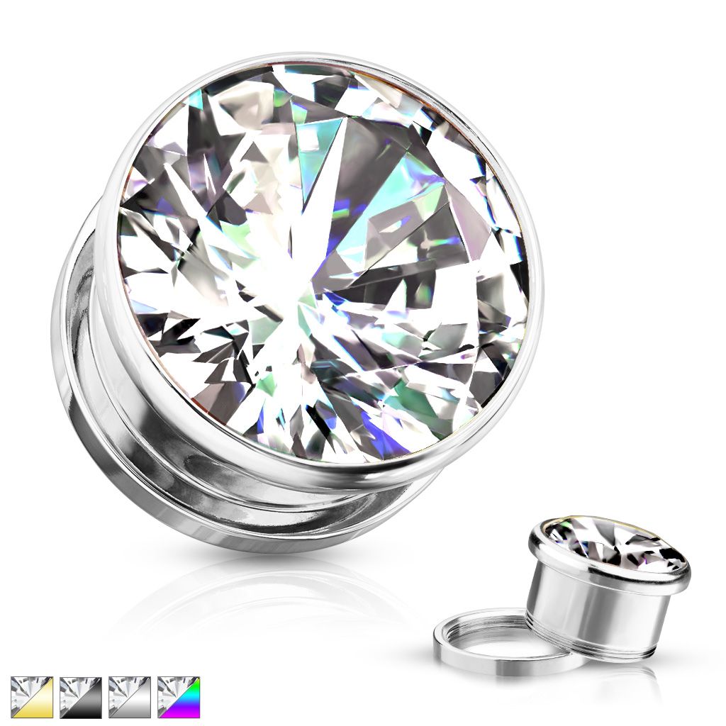 Tunnel / plugg i kirurgiskt stål med cubic zirconia (3-16mm)