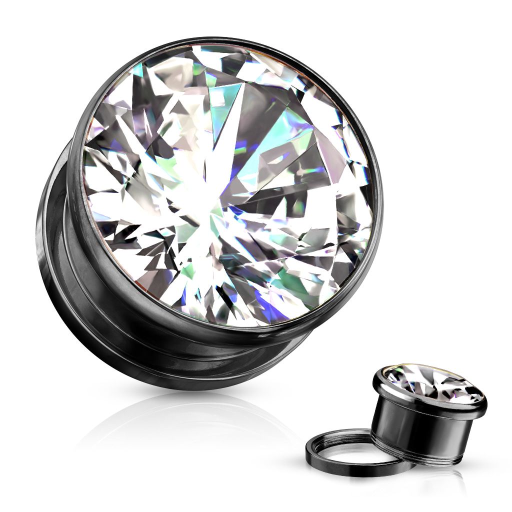 Tunnel / plugg i kirurgiskt stål med cubic zirconia (3-16mm)