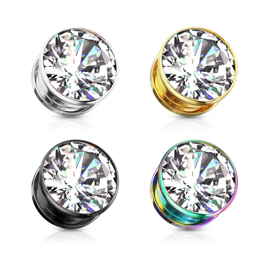 Tunnel / plugg i kirurgiskt stål med cubic zirconia (3-16mm)