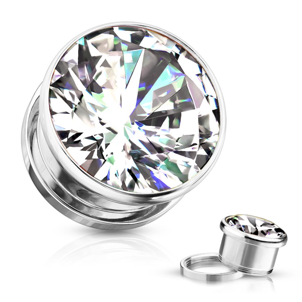 Tunnel / plugg i kirurgiskt stål med cubic zirconia (3-16mm)