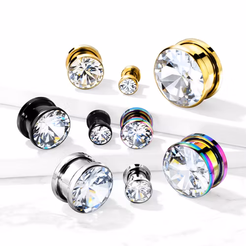 Tunnel / plugg i kirurgiskt stål med cubic zirconia (3-16mm)
