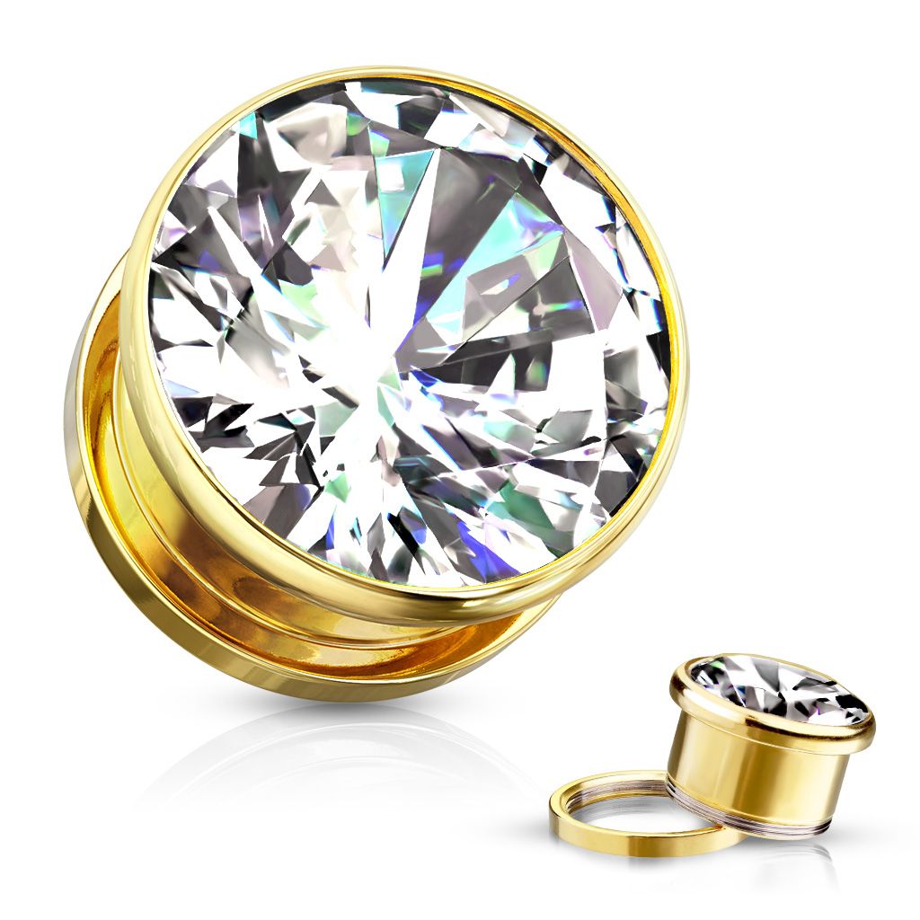 Tunnel / plugg i kirurgiskt stål med cubic zirconia (3-16mm)