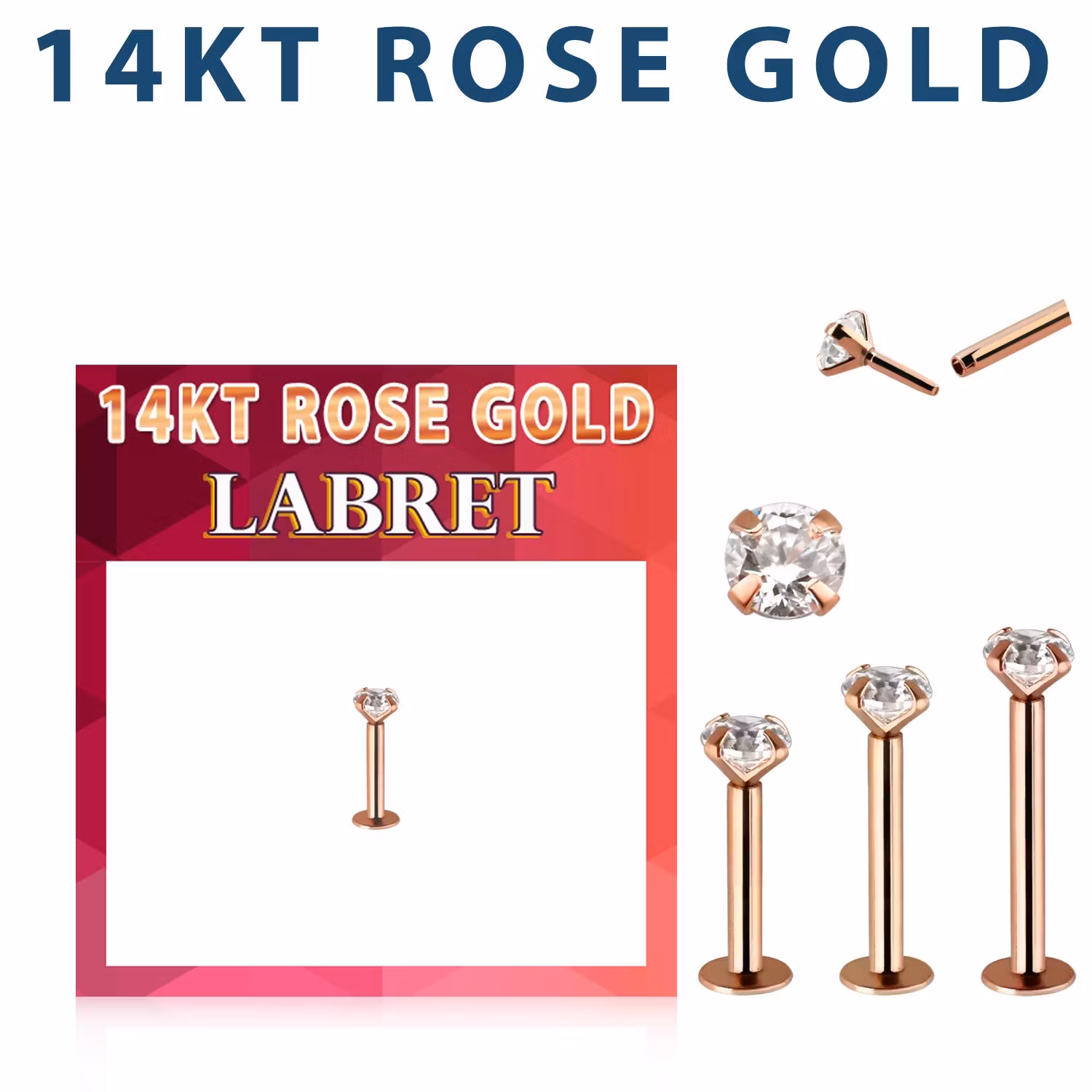 Labret i äkta 14 karat roséguld med rund "prong-set" cubic zirconia