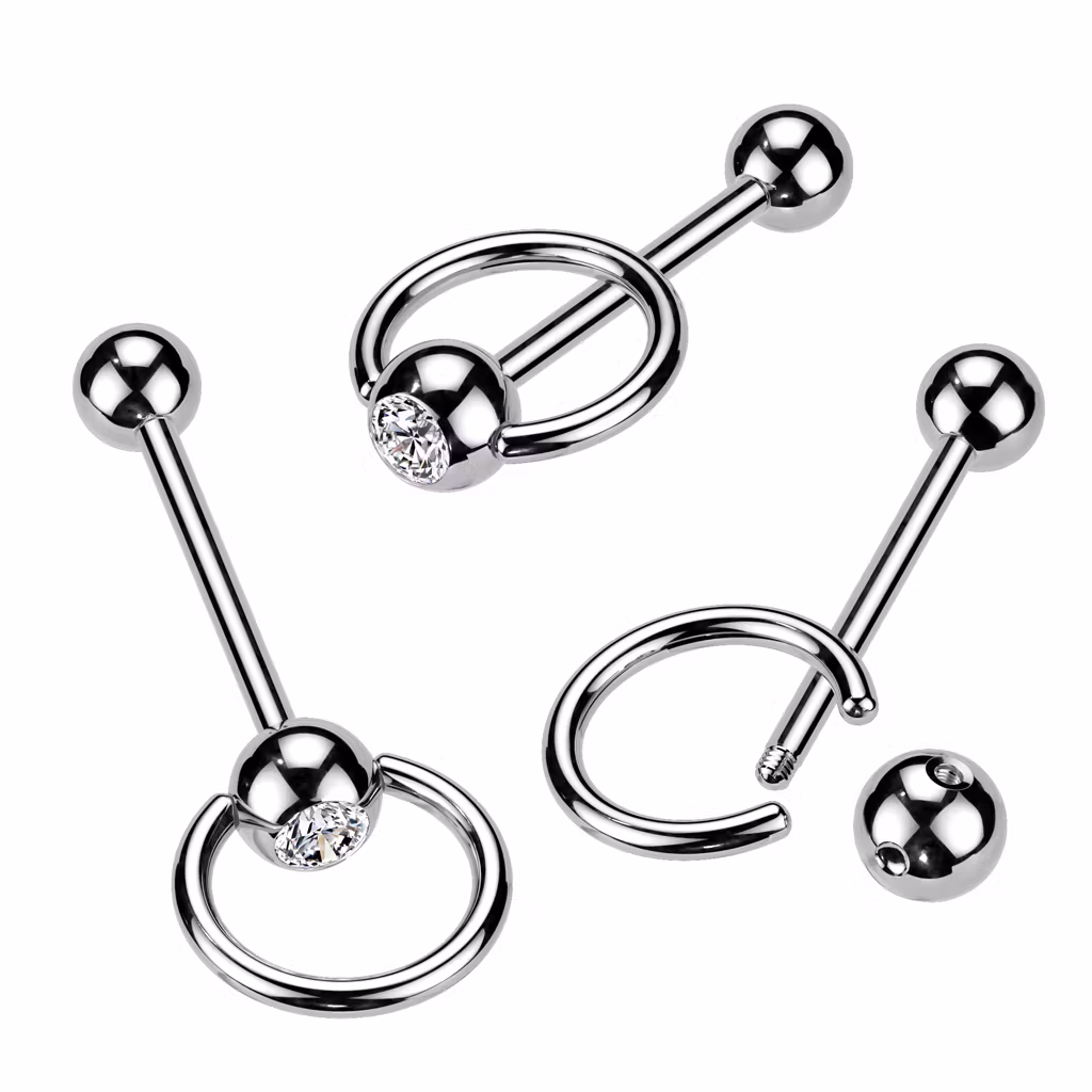 Barbell / tungstav i kirurgiskt stål 1.6mm med 10mm slavring och 6mm crystalkula