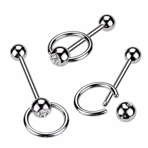 Barbell / tungstav i kirurgiskt stål 1.6mm med 10mm slavring och 6mm crystalkula