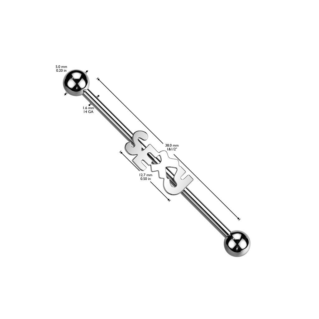 Industrial Barbell 1.6mm med 5mm kulor och text "SEXY"