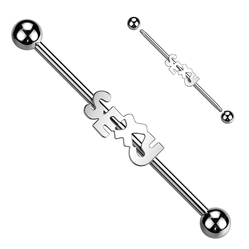 Industrial Barbell 1.6mm med 5mm kulor och text "SEXY"