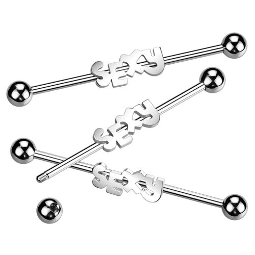 Industrial Barbell 1.6mm med 5mm kulor och text "SEXY"