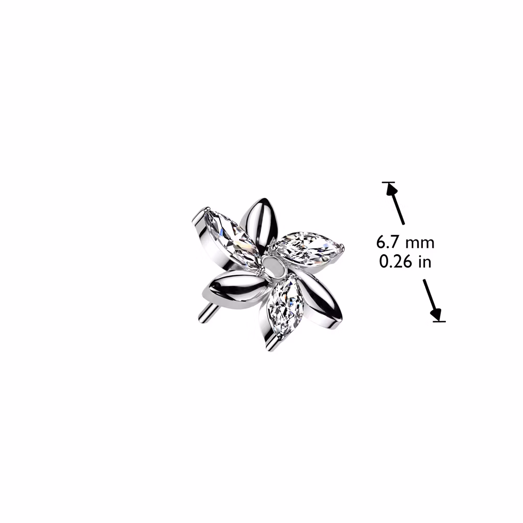 Threadless topp i titanium - Virvel / blomma med 3st navettslipade CZ