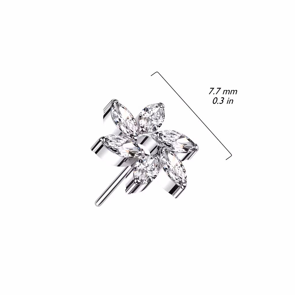 Threadless topp i titanium - Virvel / blomma med 6st navettslipade CZ