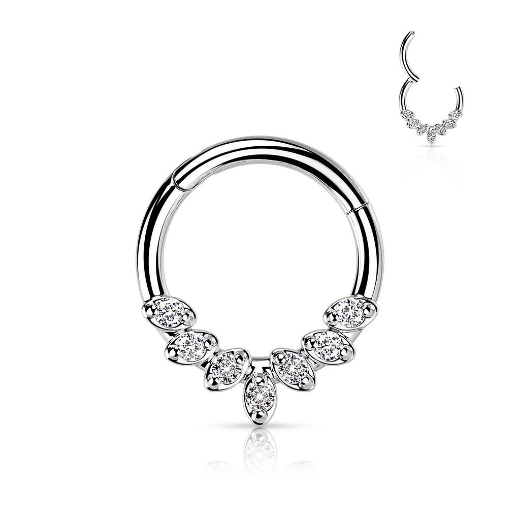 Segmentring i titanium med gångjärn och 7st prong-set CZ i fronten