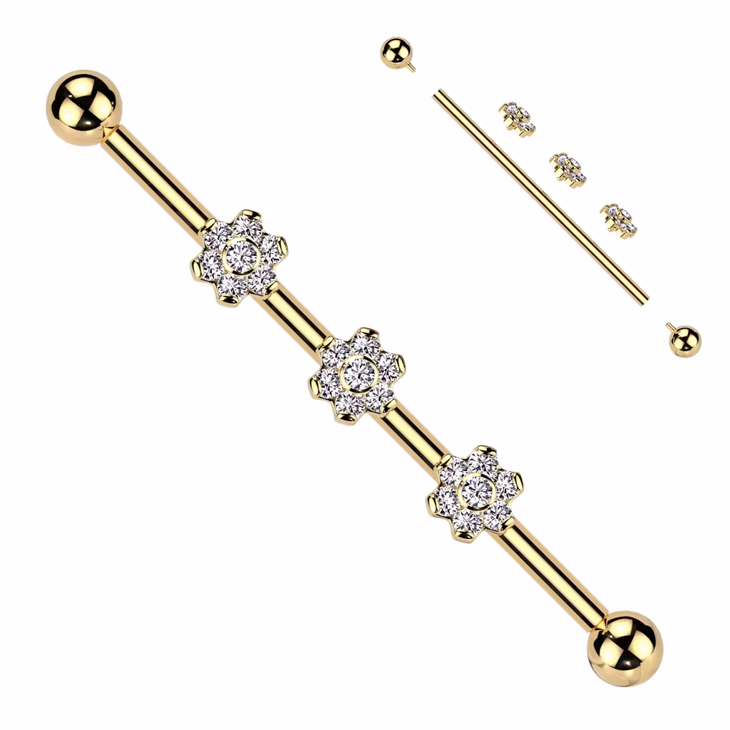 Titanium industrial barbell 1.6mm med 3st blommor med cubic zirconia