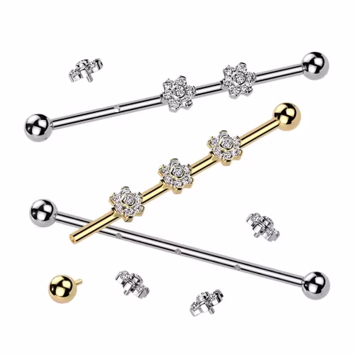 Titanium industrial barbell 1.6mm med 3st blommor med cubic zirconia