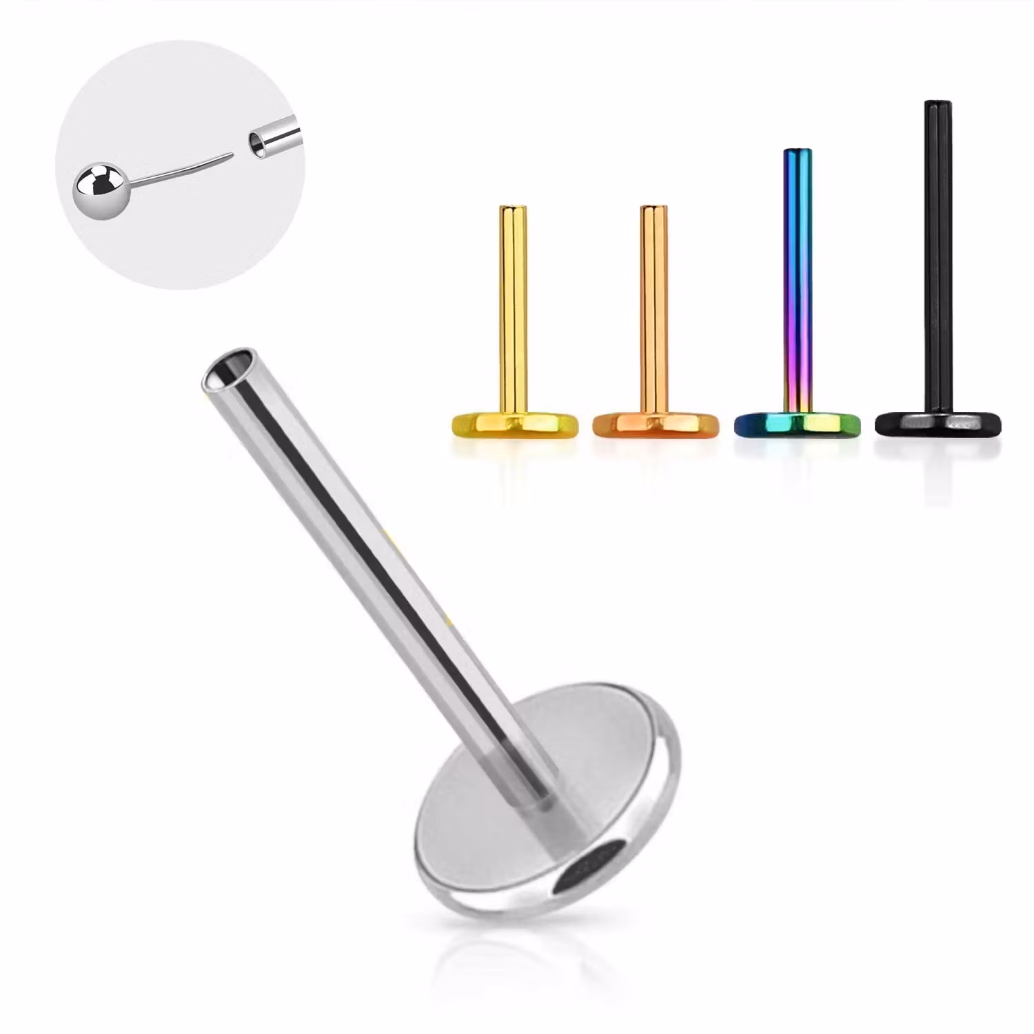 Threadless labret i titanium 0.8mm / 1.0mm med 4mm bas (lös del)