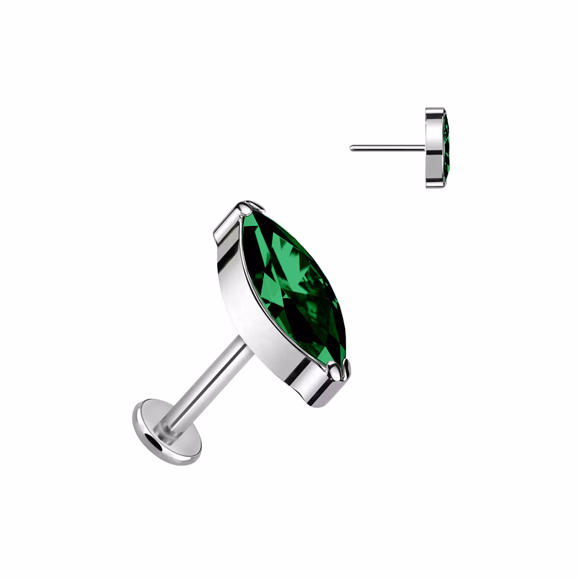 Threadless labret 1.2mm i titanium med navettslipad emerald CZ