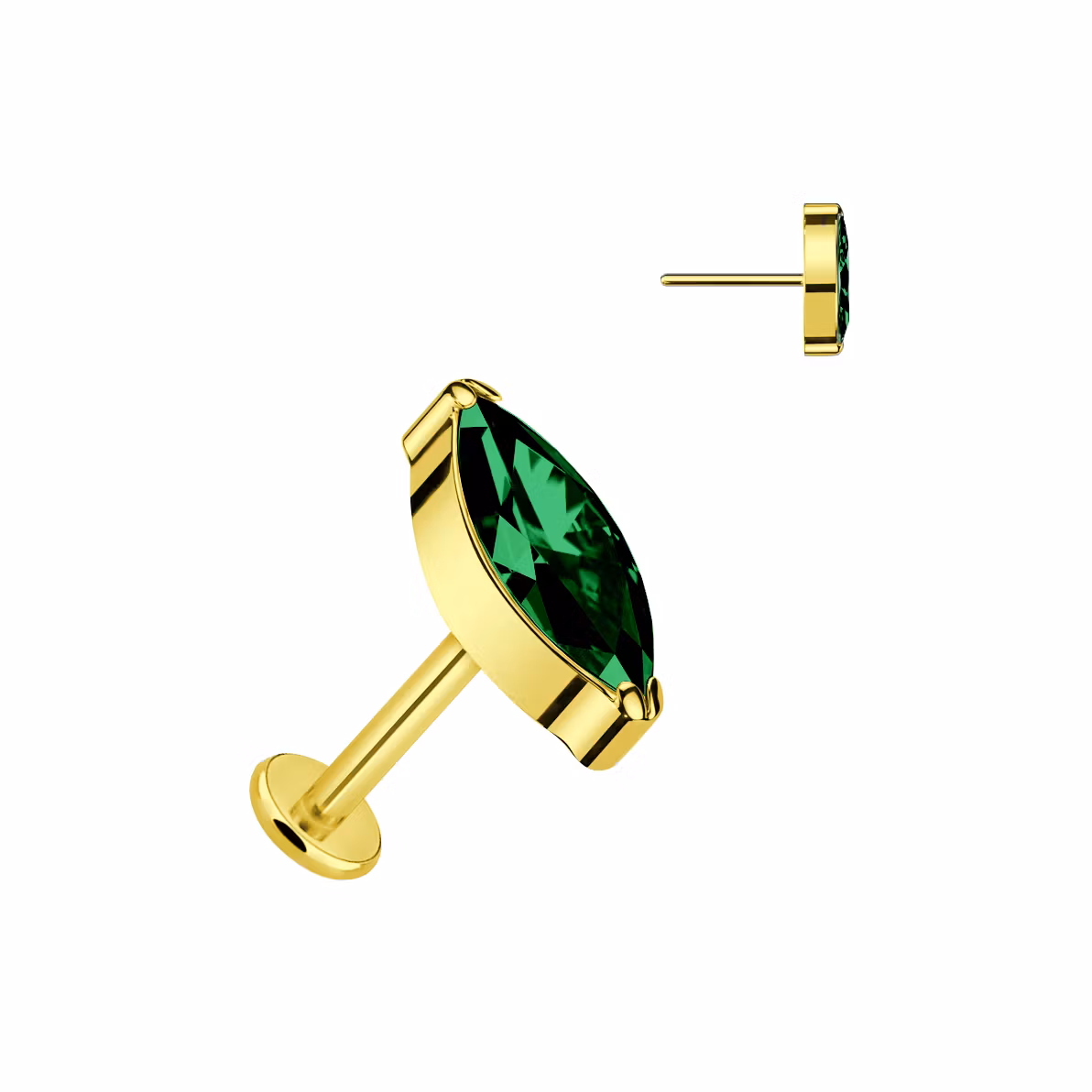 Threadless labret 1.2mm i titanium med navettslipad emerald CZ