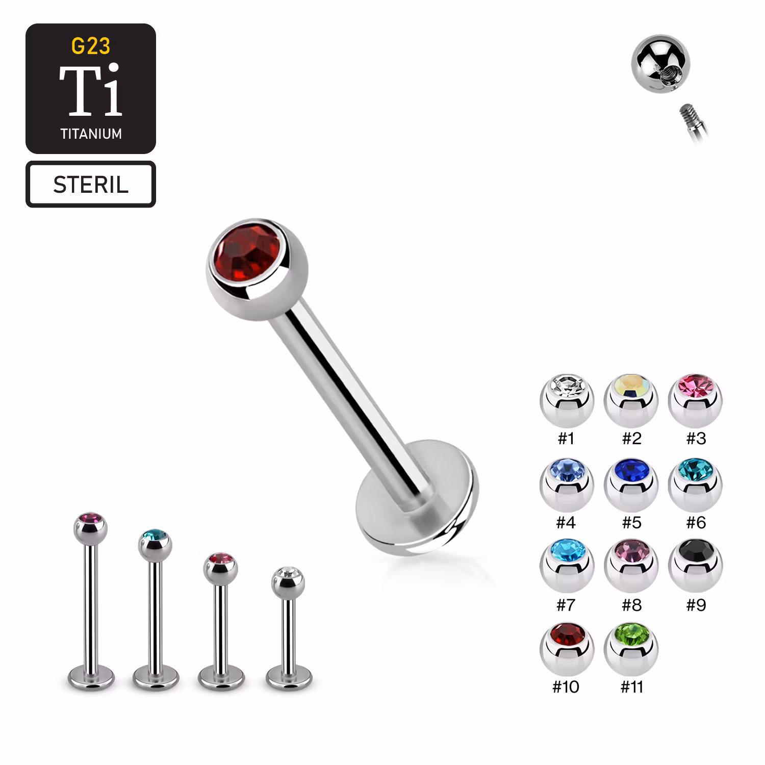 Steril Titanium Labret / Monroe 1.2mm med 3mm crystalkula