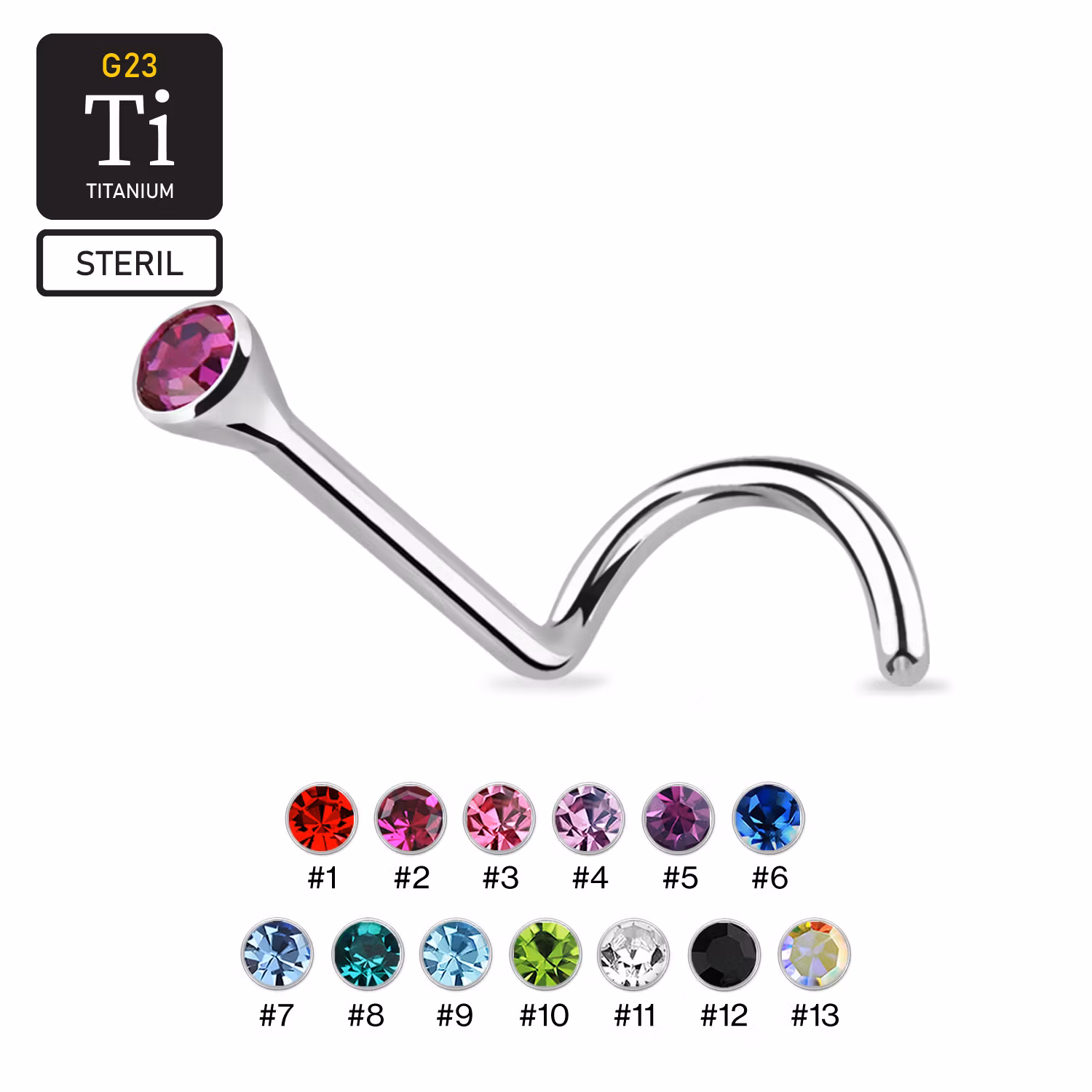 Steril titanium Nässmycke "Nose Screw" 1mm med crystal
