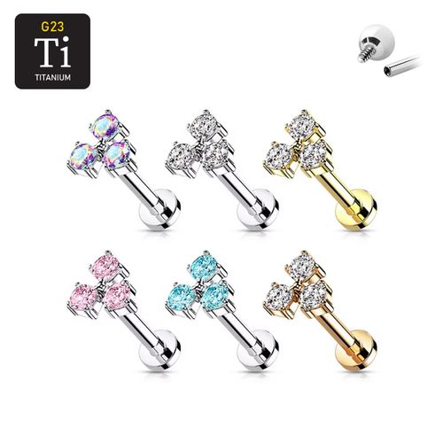 Labret i titanium 1.2mm med 3 cubic zirconia i triangel
