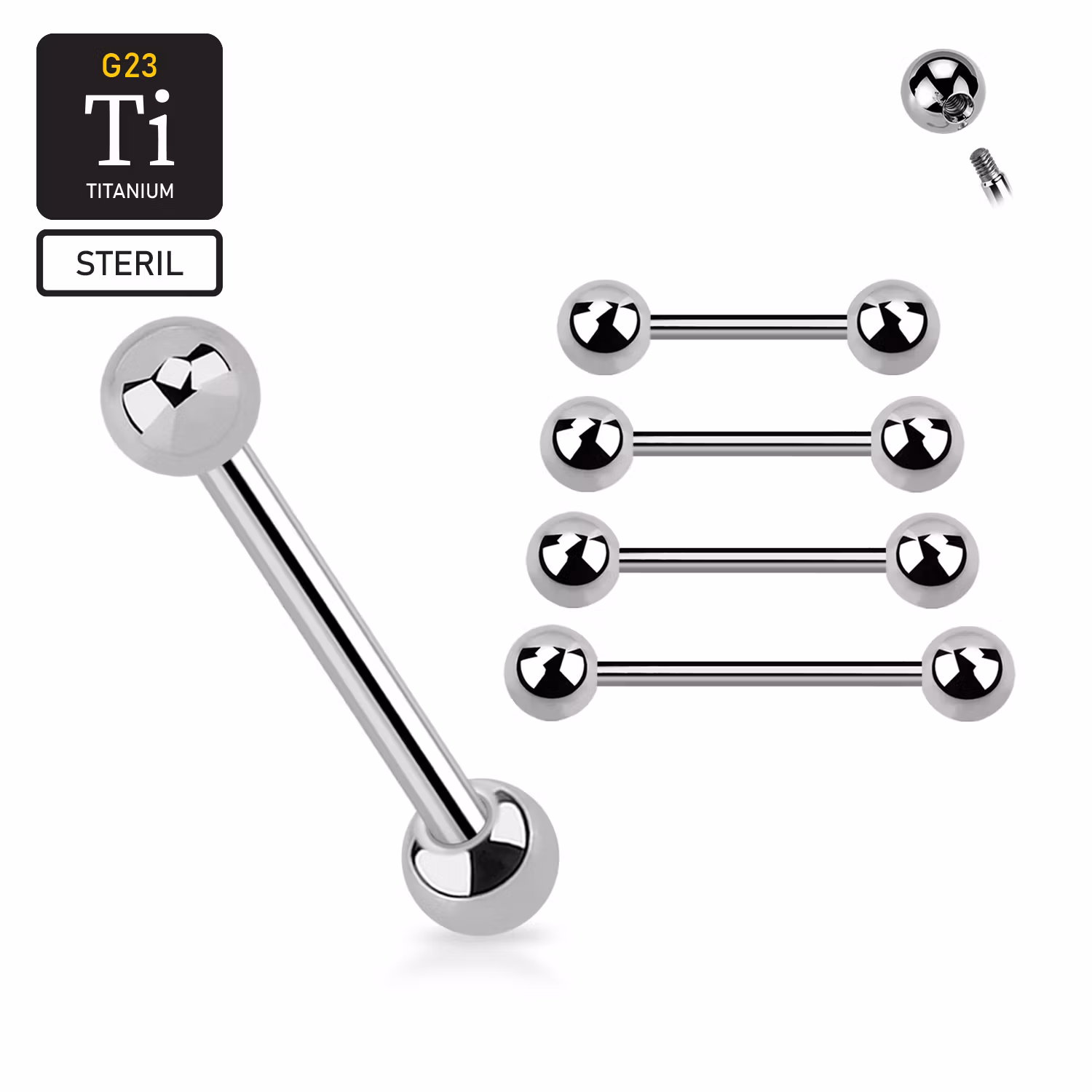 Steril titanium barbell utvändigt gängad 1.6mm med 4mm kulor