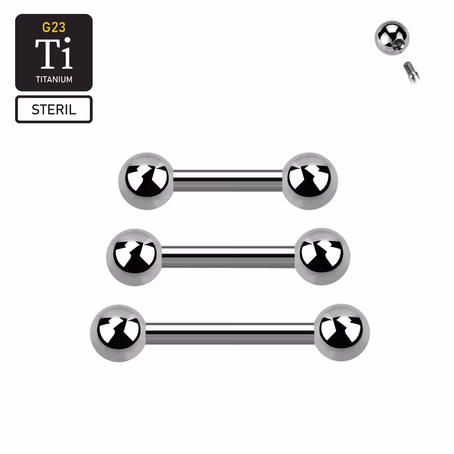 Steril titanium barbell utvändigt gängad 1.2mm med 3mm kulor