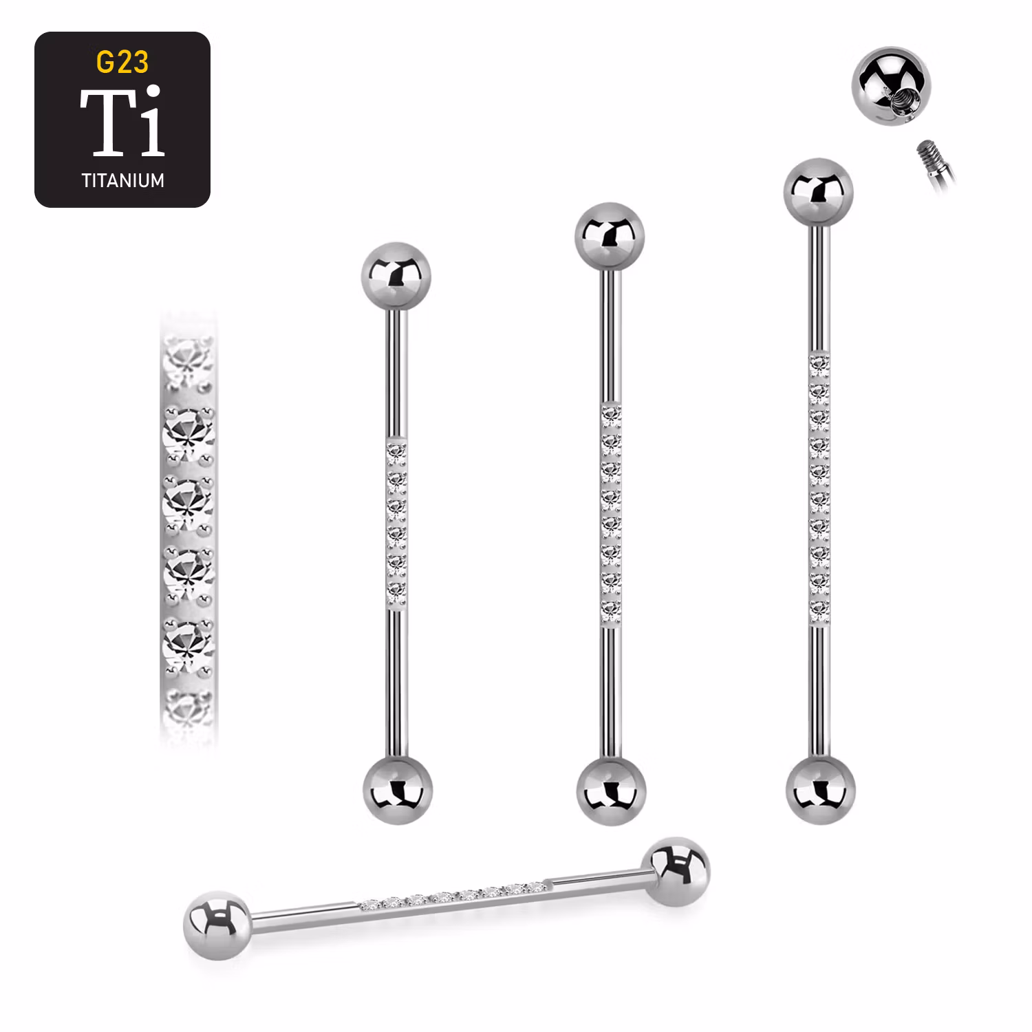 Titanium industrial barbell 1.6mm med 5mm kulor och 1.5mm CZ