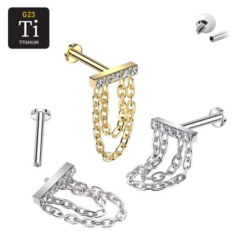 Labret i titanium med invändigt gängad rektangulär crystaltopp och dubbla kedjor