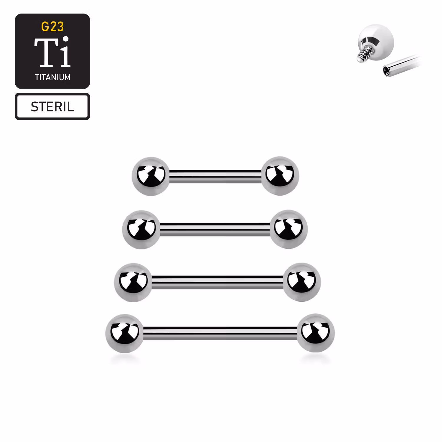 Steril titanium barbell invändigt gängad 1.6mm med 4mm kulor