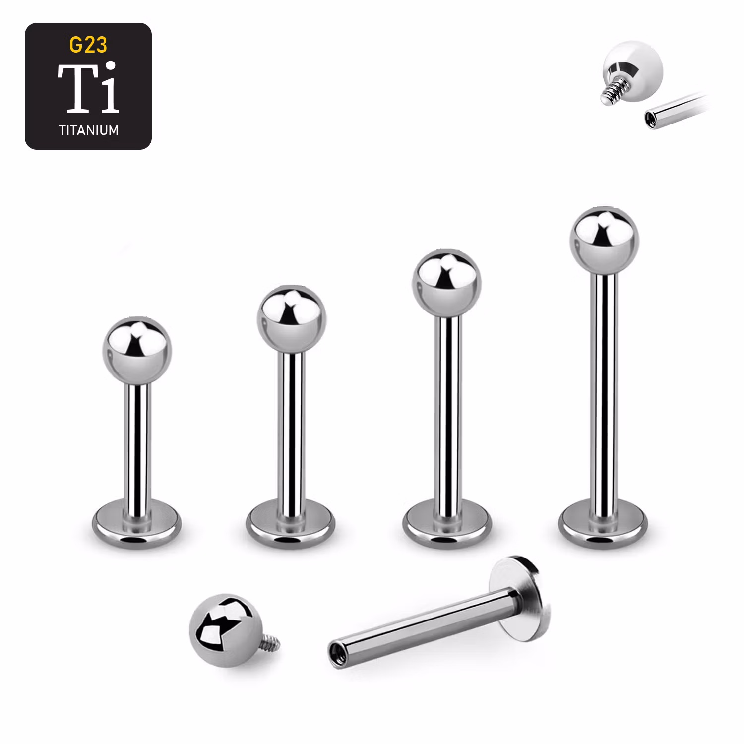 Titanium labret invändigt gängad 1.2mm med 3mm kula